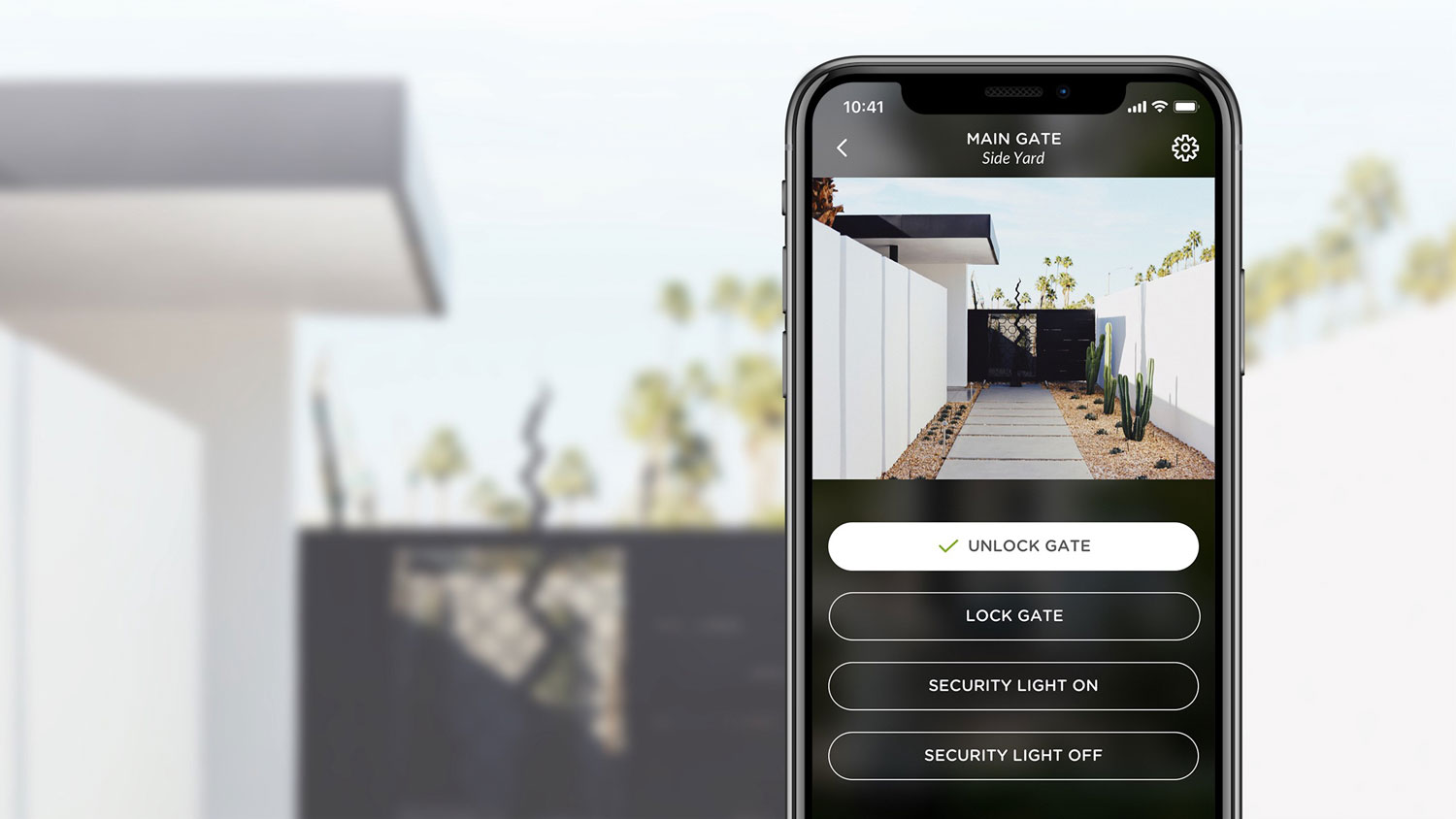 Outdoor smart‑gate control screen on a smartphone showing live video and gate/light controls.
