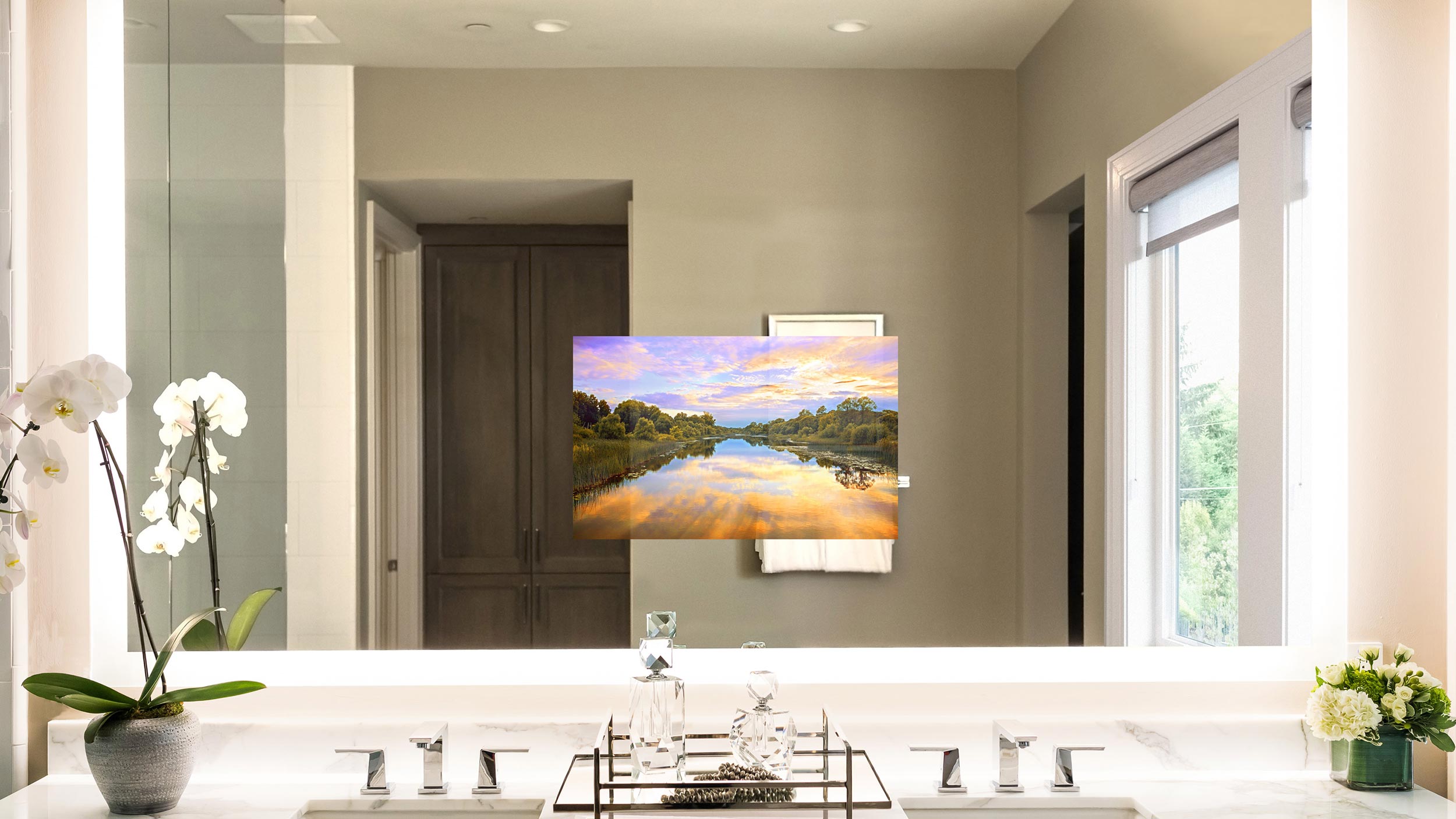 Seura Vanishing Vanity TV Mirrors in a white bathroom